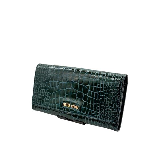 Miu Miu Hunter Green Croc Embossed Leather Wallet! Long Wallet! EXCELLENT Cond - Picture 3 of 16